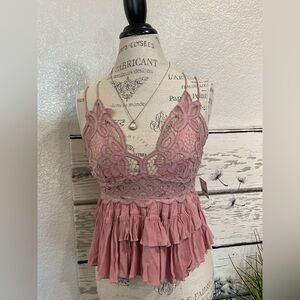 Free People Adella Pink Lace Cami Top